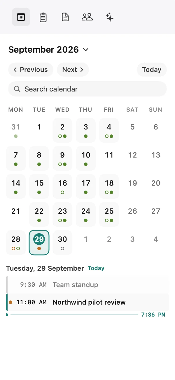 The calendar: a dot for every meeting, coloured by where it is — prepared, needs names, ready to hand off, done — and today’s agenda