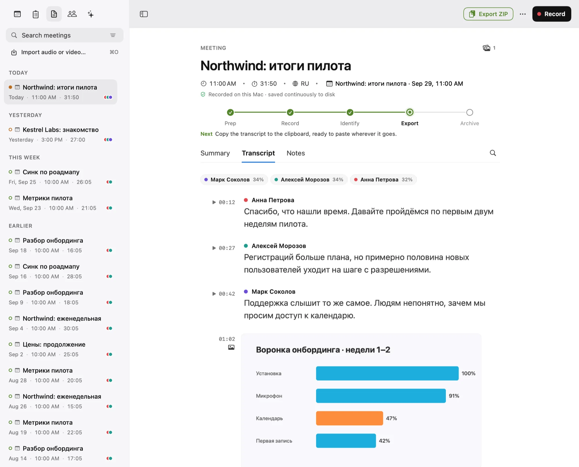 Transcribator с записанной встречей: все говорящие названы, у каждого своя доля разговора, а слайд вставлен в расшифровку в момент показа
