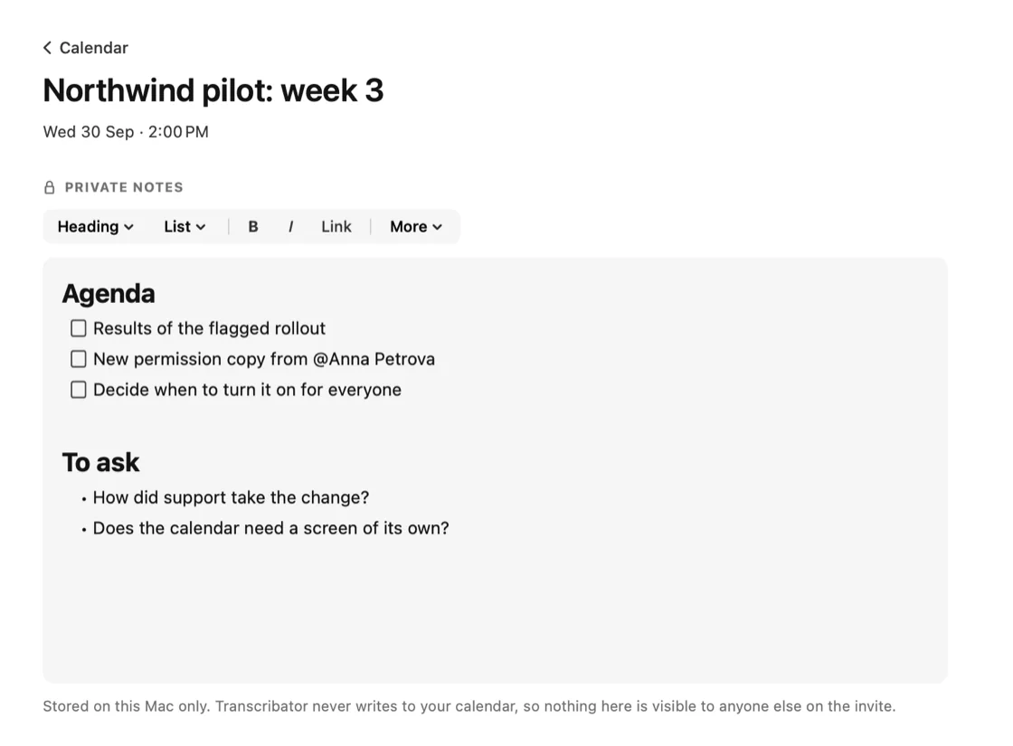 The prep page for an upcoming meeting, with an agenda written ahead