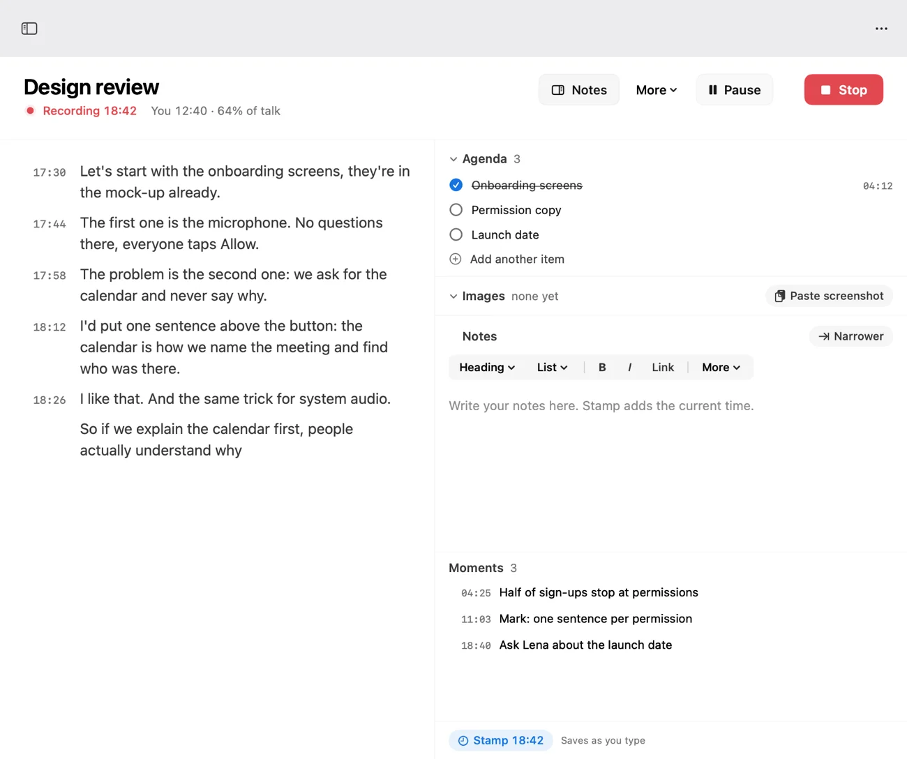 Transcribator during a call: live captions, the agenda with a ticked item, and notes stamped with their moment