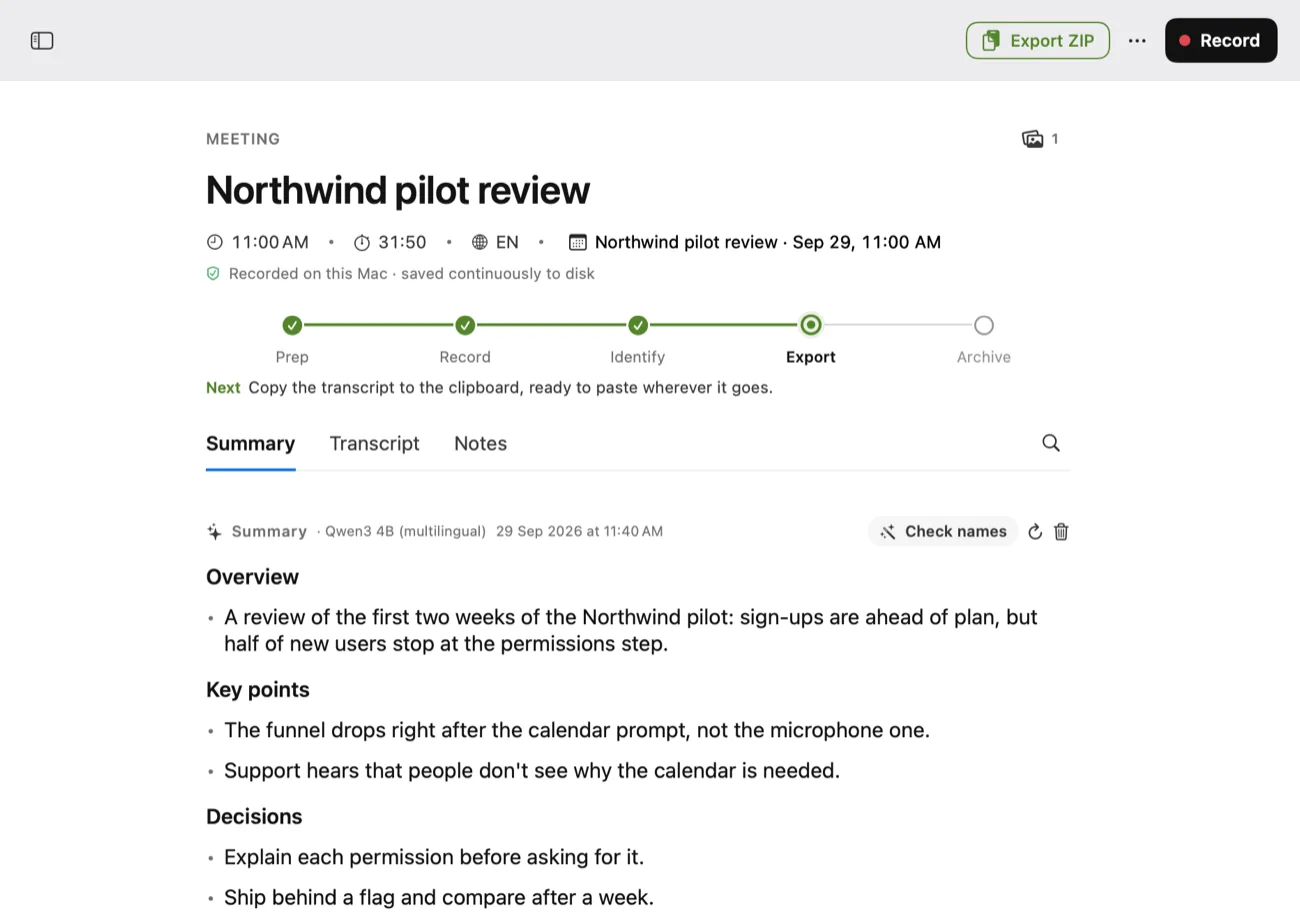 A summary written on the Mac by a local language model, under Overview, Key points, Decisions and Action items
